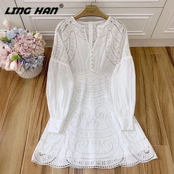 

LINGHAN Vacation Embroidery cotton Dress Women's Sexy Hollow Out Lantern Sleeve Mini Dresses Designer Spring Summer New