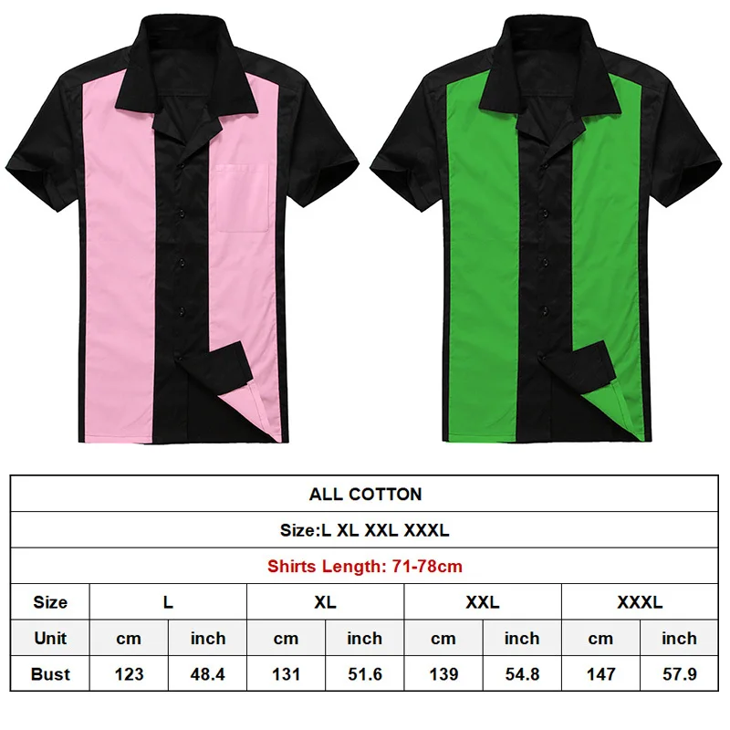 Men Shirts Patchwork Rockabilly Bowling Shirt Summer Plus Size Cotton Workout