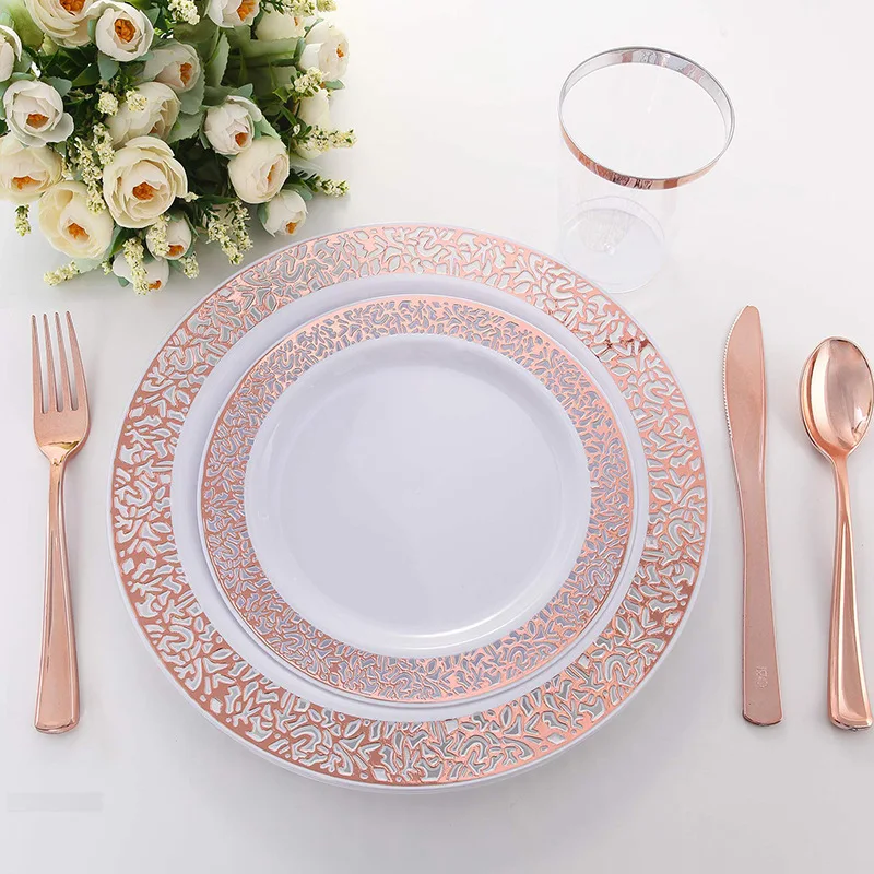 150 шт розово-Золотая пластиковая тарелка с одноразовой пластиковой столовым серебром, пластиковая посуда с кружевным дизайном, в том числе по 25(тарелка, сала