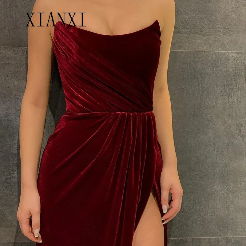 

Vestidos Simple Burgundy Evening Dress Long 2019 Velvet Strapless Staight Black Mermaid Evening Dresses Prom Party Dress