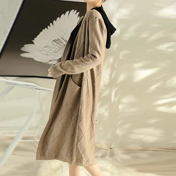 

2020 Autumn Winter New Cashmere Wool Blend Cardigan Sweater Women's Rhombus Pattern Coat Soft Cardigan Fashion Coat Long Sect