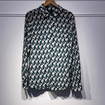 

Dogs Pattern Print Women Shirt Silk Lady Long Sleeve Turn-down Collar Vintage Fashion Female Blouses And Top 2020 New