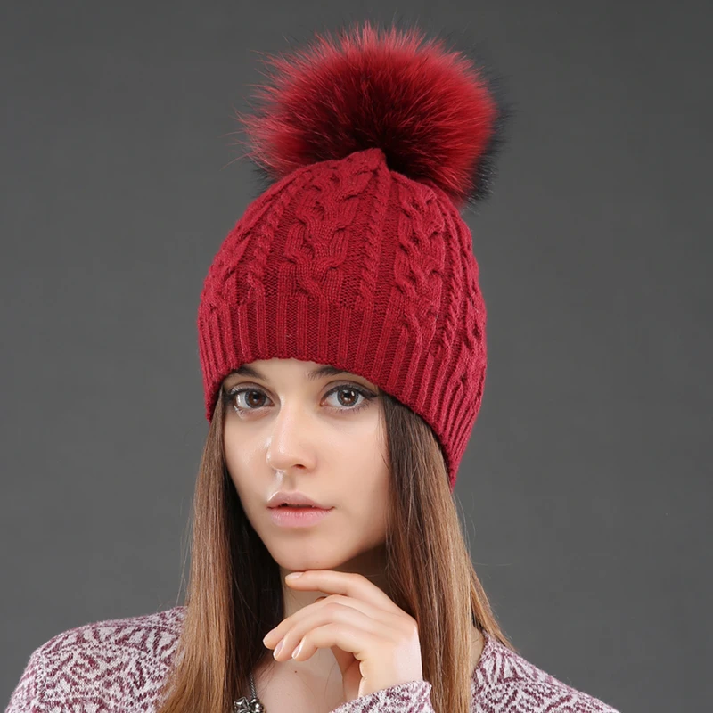 CNTANG 2026 Damen Doppellagige Strickmützen Winter Warme Beanie-Mützen Wollmütze mit Bommel Natürliches Waschbär-Fell Modische Damen-Kappe – Detail 15