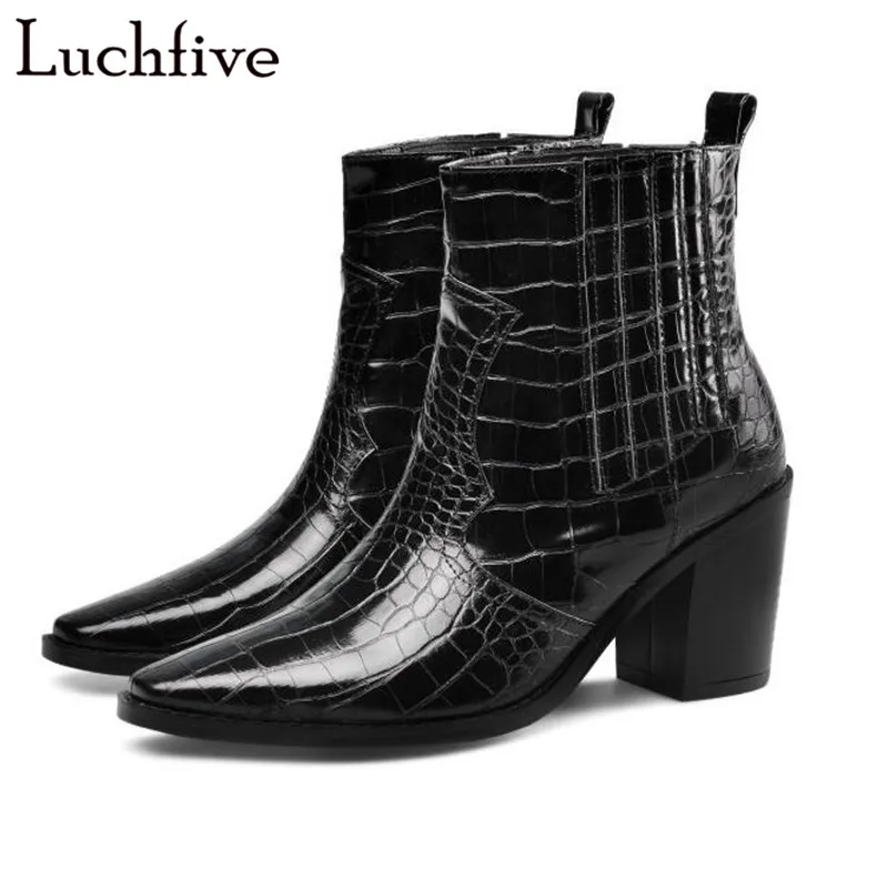 

Fashion Textured Black Women Boots Chunky High Heels Shoes Woman Sexy Pointy Toe Outwear Slip On Autumn Ankle Boots For Women