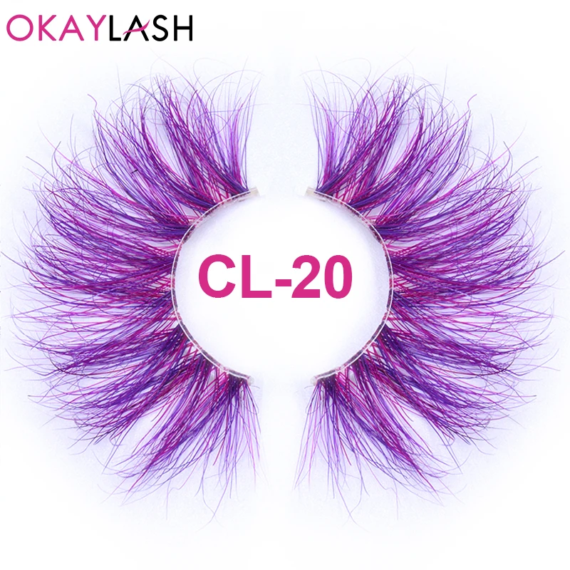 

OKAYLASH 25mm Long Purple and Pink Color Real Mink Cosmetic Fake Colored Eyelash Party Cosplay Halloween Makeup Strip Eye lashes