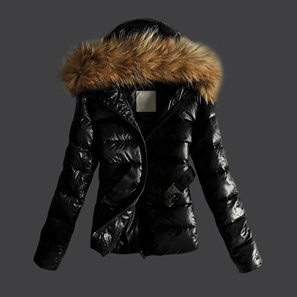 

Coat 2019Top Women Outwear Quilted Winter Warm Coats Fur Collar Hooded Jacket Tops With Belt Fashion Woman Winter Warm Manteau