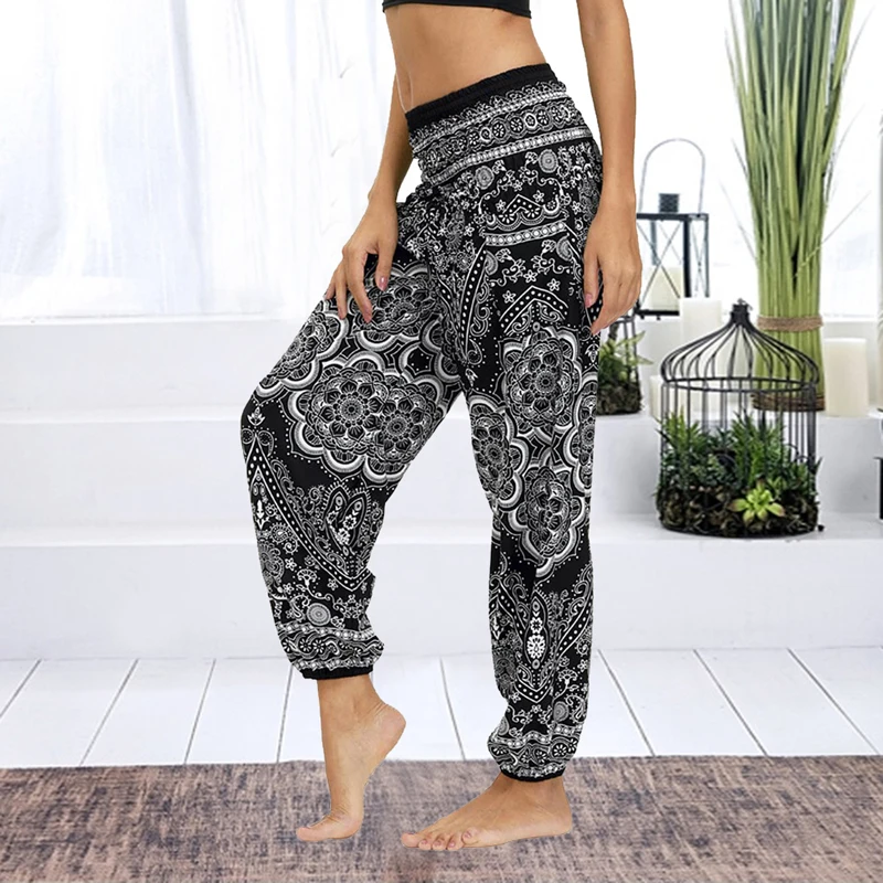 Womens Loose Yoga Pants Floral Print Wide Leg Trousers Long