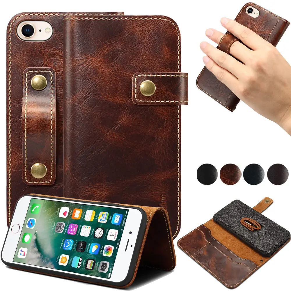 

Flip Capa Case For iPhone Xs Max Xr X 7 8 Plus Cowhide Genuine Leather Card Slot Wallet Cover Finger Strap Grip Stand Phone Case