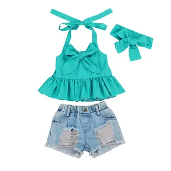 

2020 Summer Baby Girls Outfits Solid Color Sleeveless Ruffle Hem Suspender Vest + Ripped Short Jeans Set 1-6T Children Clothing