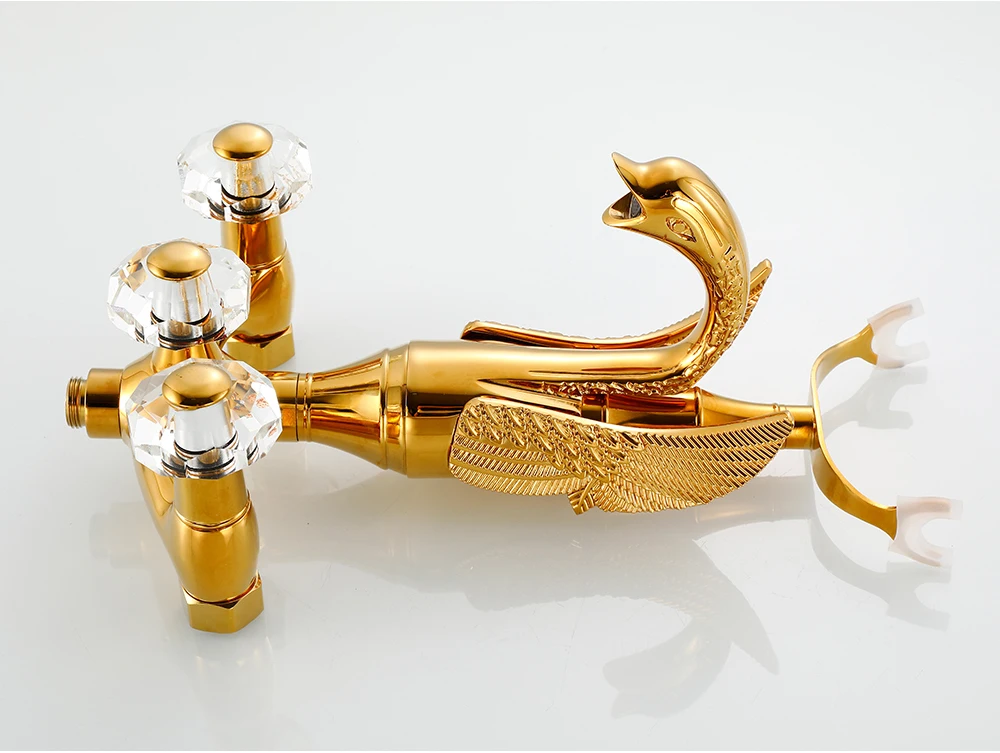 Index Bath Golden Brass Bath Shower Faucet Set Wall Mounted Swan Bathroom Faucet