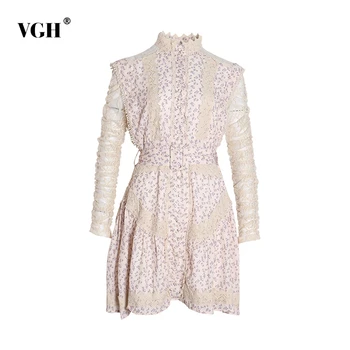 

VGH Hair Balls Lace Patchwork Dress For Women Stand Collar Long Sleeve Print Mini Dresses Female Fashion 2020 Clothes Spring New