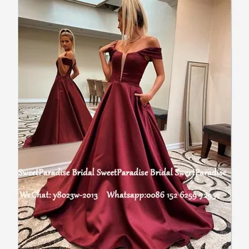 

Off Shoulder Burgundy Satin Evening Dress For Women 2020 Customize A Line Cheap Long Prom Dresses Party Robe De Soiree