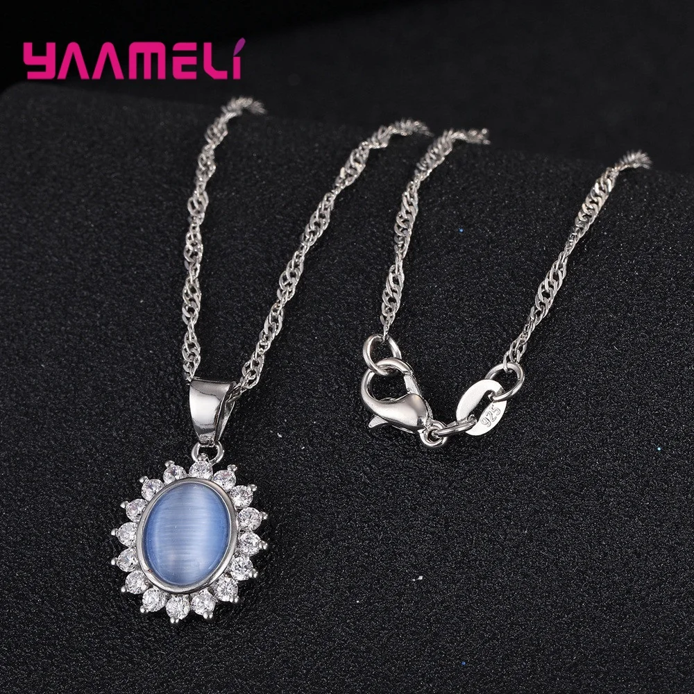 Summer Sale 925 Sterling Silver Oval Cat's Eye Opal Gemtone Necklace Earrings Jewelry Sets Brilliant Cubic Zircon Flower Pendant