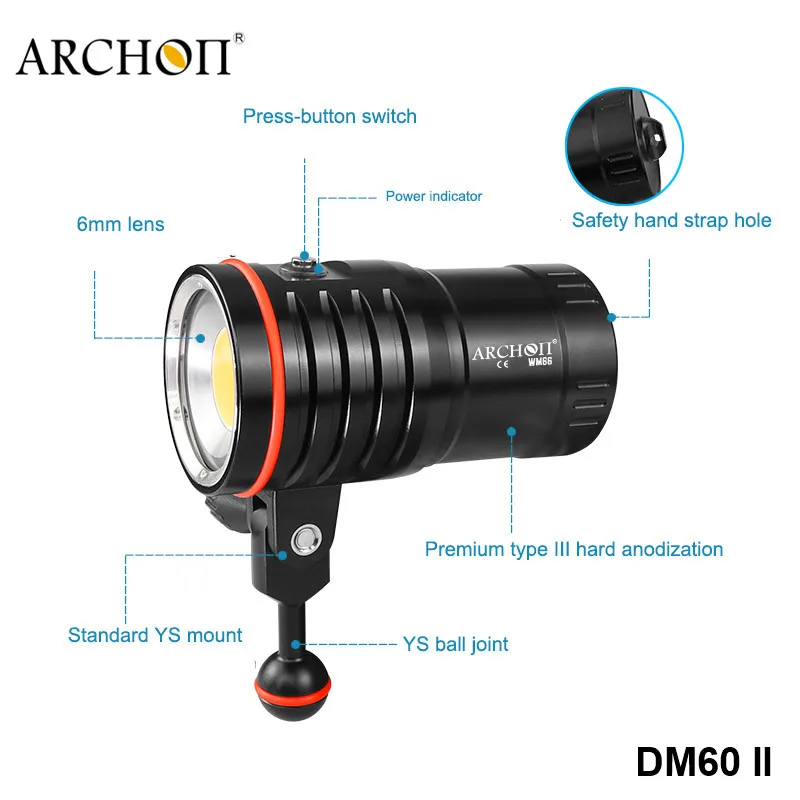 Archon DM60 Cree COB высокий CRI Дайвинг видео Фотография фонарик высокой мощности перезаряжаемый 12000lm подводный погружение прожектор
