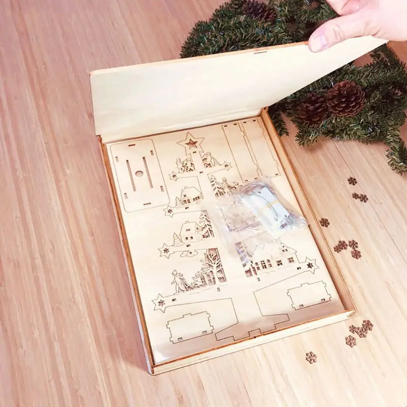 Wooden Christmas Ornament Xmas Tree with LED String Light DIY Craft Table Holiday Decoration New Year Toys Kids Gift