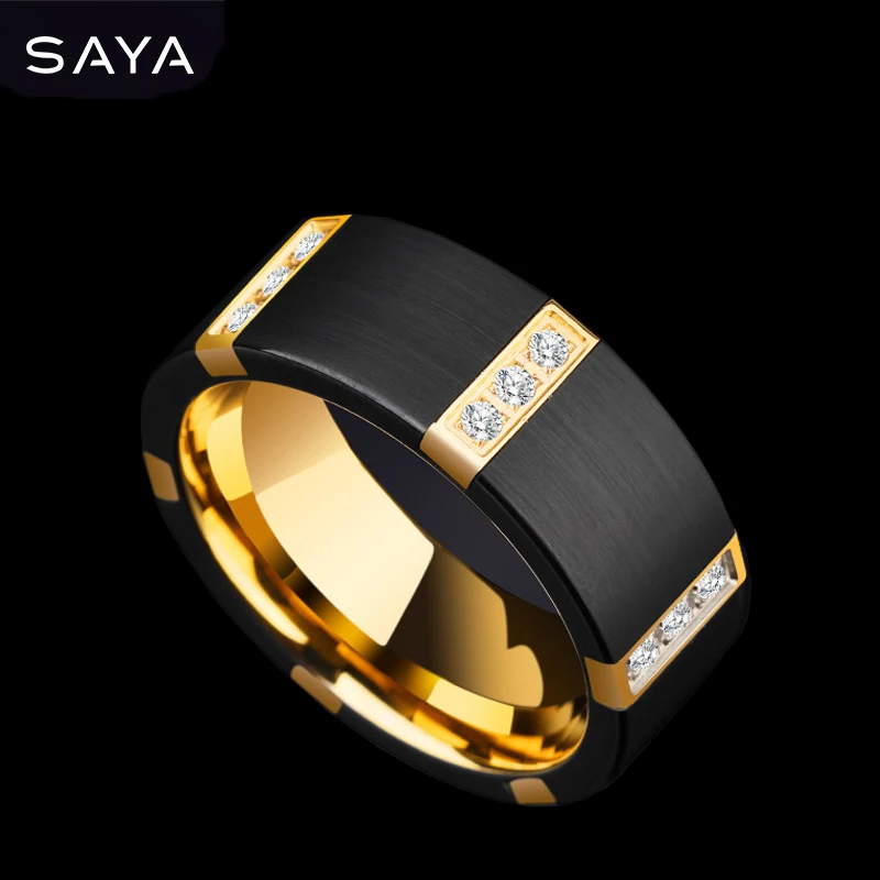 Black Tungsten Carbide Rings for Men With Gold Plating Inside Black Color Three PCS Cubic Zirconia, Free Shipping, Engraving