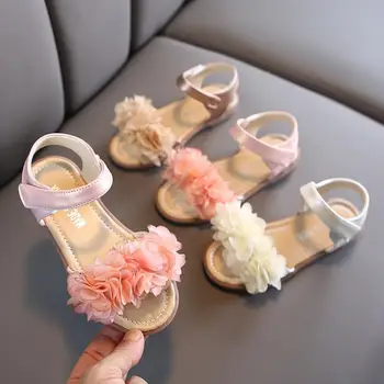 

Girls Sandals Summer Fashion Solid Color Leather Shoes Flower Flat Beach Sandals Kids Shoes for Princess Anti-slip Sneakers