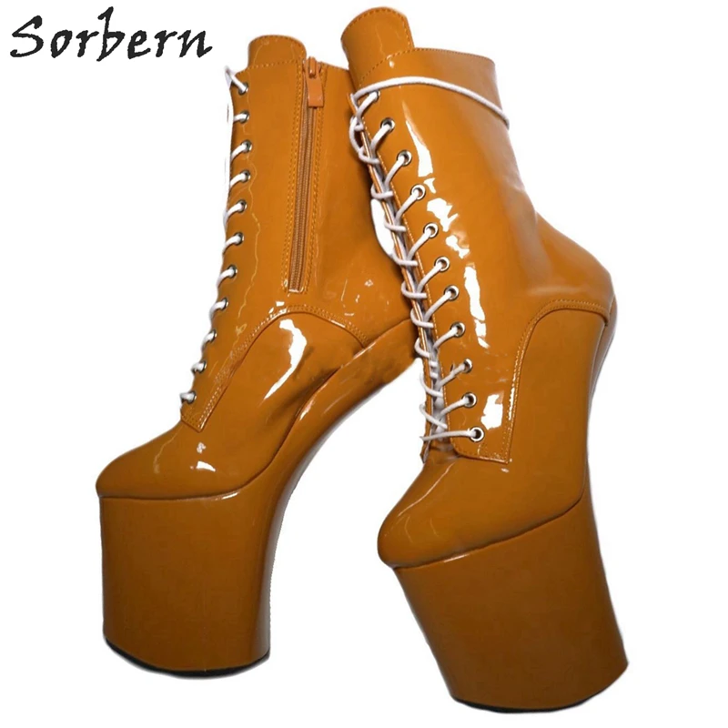 Sorbern сексуальная обувь на высоком толстом каблуке(20 см) Фетиш-сапоги до середины икры; женская обувь на каблуке 9 см платформа на высоких каблуках из блестящей искусственной кожи на Хэллоуин в стиле вамп плюс размеры 34–46