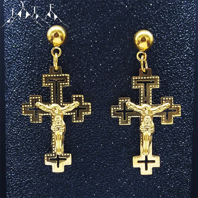 2023 Stainless Steel Christian Cross Jesus Stud Earrings Women Gold
