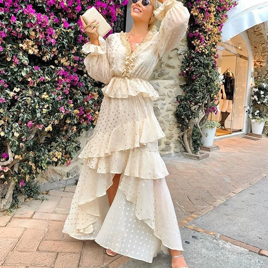 

Autumn Vintage Maxi Dress Women Polka Dot Print Boho Long Dress Ruffles Wrap Casual V-Neck Split Sexy Party Dress vestidos Robe