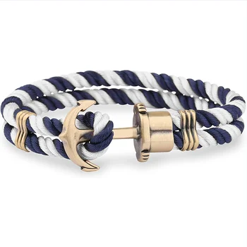 

JUNWEI Men Anchor Bracelet Made of Nylon in Navy Blue-White und Anchor Made of Brass