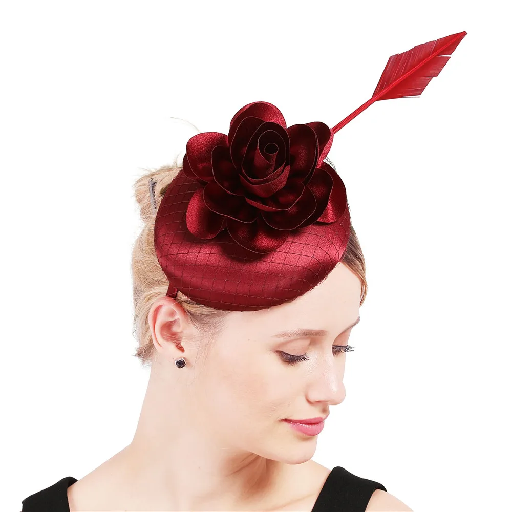 Women Cocktail Wedding Party Bridal Hat Fascinator Fashion marron Feather Satin Fascinator Hat Hair Clip Ladies Dress Headband