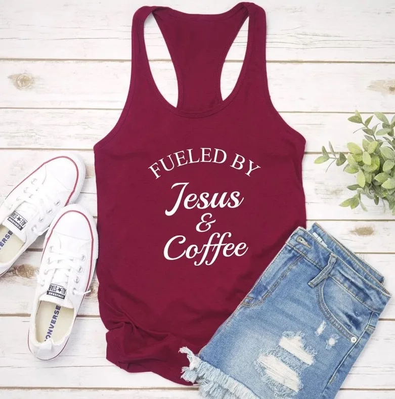 Fueled By Jesus& coffee женский жилет модные сексуальные футболки одежда в летнем стиле пляжное платье-футляр для вечеринки Повседневный Топ Прямая - Цвет: Dark red-white text