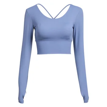 Women Back Straps Gym Yoga Crop shirt Tops Yoga Paded Long Sleeve Training Top Fitness
