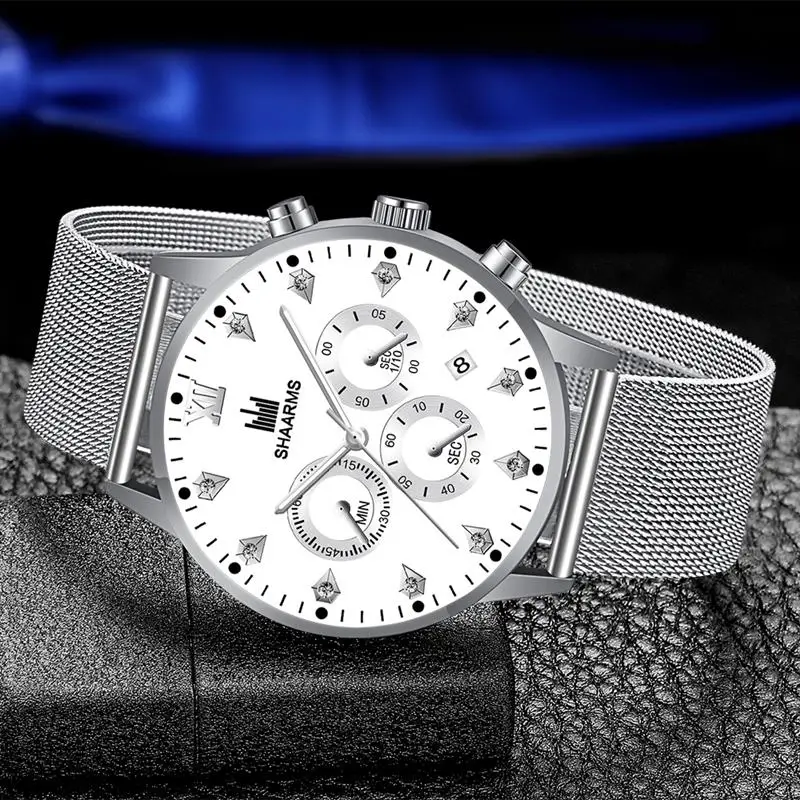 SHAARMS, модные мужские наручные часы, синие, DialCasual, кварцевые часы из нержавеющей стали, сетчатый ремешок, часы с датой, Reloj Hombre