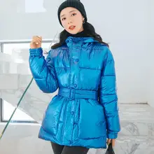 Зимняя женская куртка с капюшоном модная уличная дизайнерская глянцевая женская пуховая хлопковая куртка Верхняя одежда с поясом размера плюс r1608