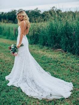 

White Lace Boho Wedding Dress Mermaid 2019 Backless Long Trumpet Trail vestido de noiva Bohemian Bridal Gowns Custom Size