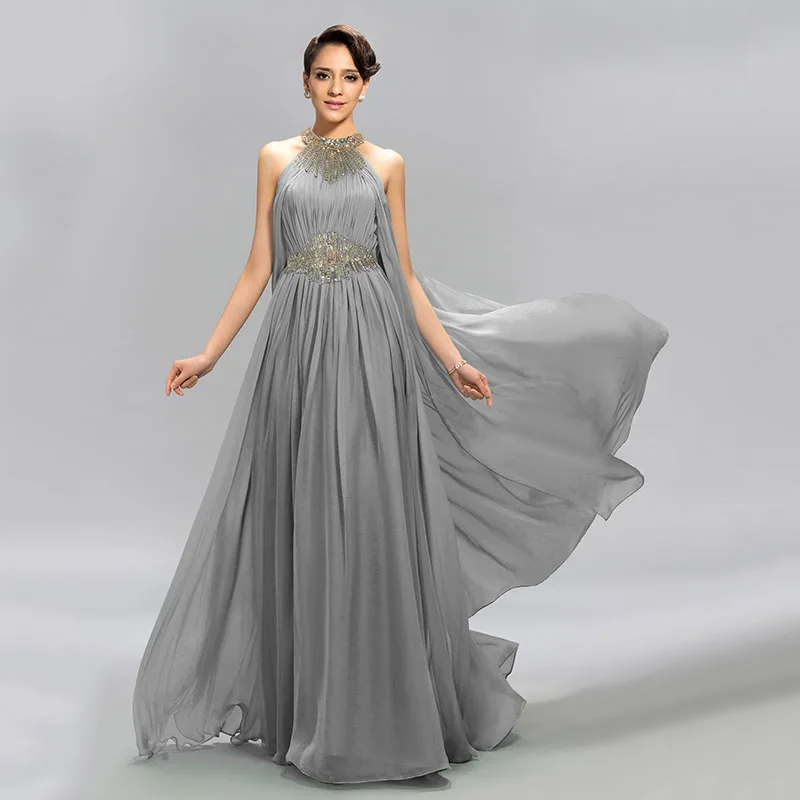 Silver DressV мятный Синий Драгоценный вырез шифон длинное вечернее платье трапециевидной формы Длина пола бисером платья выпускного вечера с оборками Формальное вечернее платье - Цвет: Silver