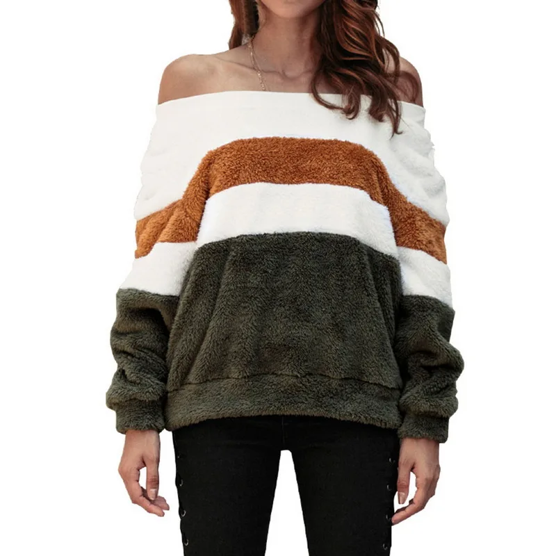 

Litthing 2019 New Arrival Autumn Winter Lady Warm Striped Off Shoulder Sweatshirt Fleece Slash Neck Top Casual Plush Pullover