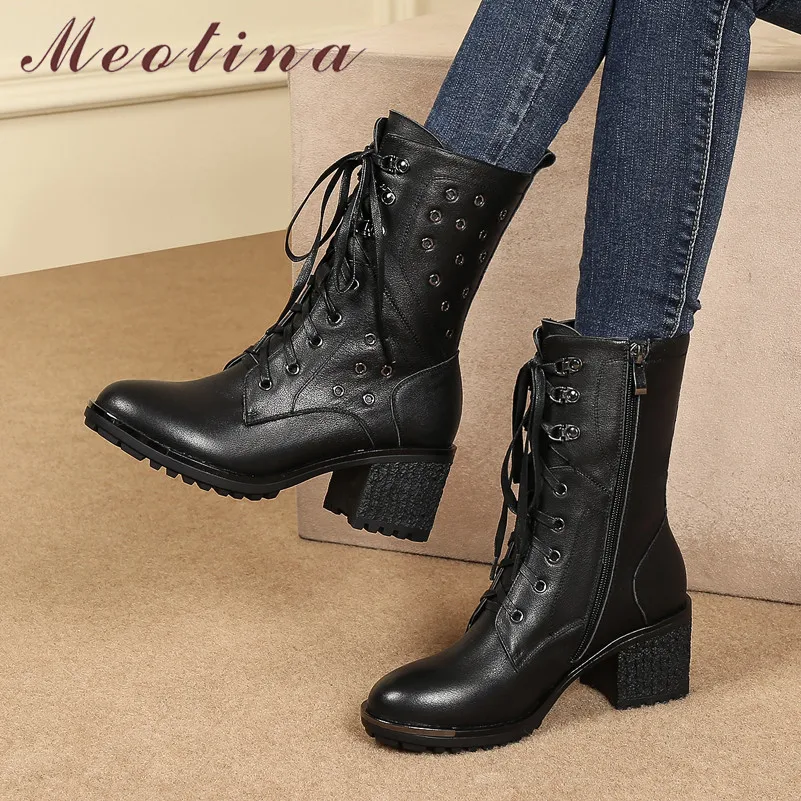 

Meotina Winter Motorcycle Boots Women Natural Genuine Leather Thick High Heel Ankle Boots Punk Zipper Shoes Ladies Autumn 35-41