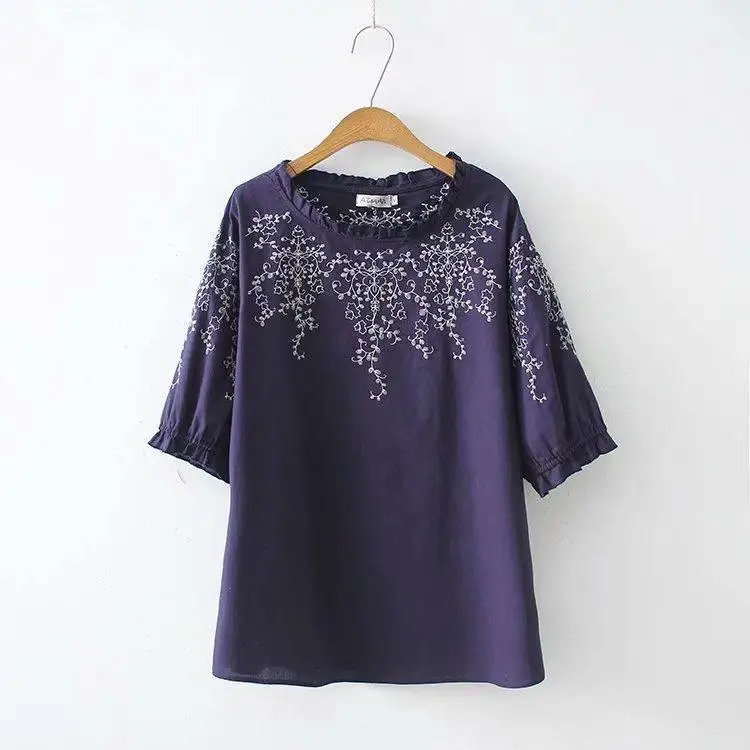 Тёмно-синий Plus Size Women Full Cotton Embroidery t shirt Lady Tops Casual Loose Summer Short Sleeve women shirts - Цвет: Тёмно-синий