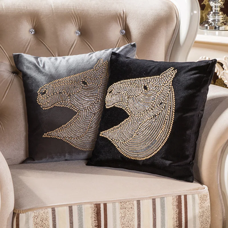 Flat Velvet Pillowcase Decorative For Sofa Throw Pillow Hot Drillint Horse Head cushion Cover Decoration Pillows For Living Room