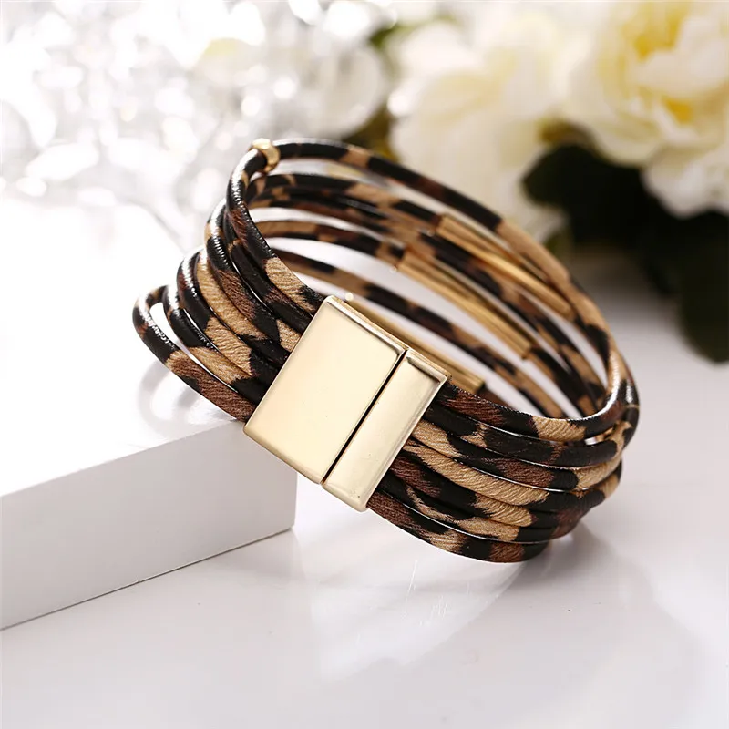 WOOZU Leopard кожаные браслеты для женщин модные панк браслеты и браслеты элегантный многослойный широкий браслет обруча ювелирные изделия