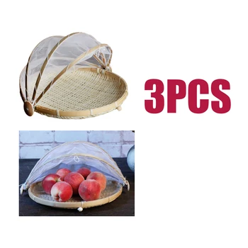 

3 Pieces Bamboo Covered Serving Food Tent Basket with Fruit Vegetable Bread Cover Tray Outdoor Picnic Tent Basket