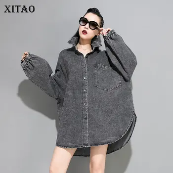 

XITAO Irregular Pocket Denim Jacket Women Clothes 2019 Fashion Long Turn Down Collar Full Sleeve Coat Top Match All New WQR1667