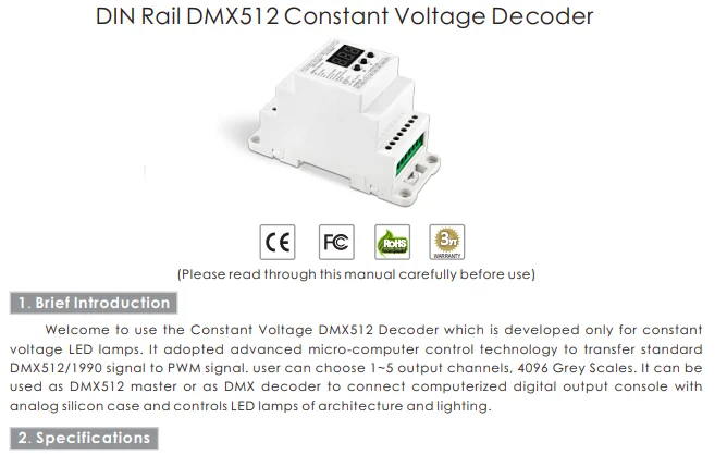 BC-831-DIN-RJ45 DC12-24V вход 10A* 1CH выход, постоянное напряжение din-рейку DMX512 декодер цифровой дисплей трубки для светодиодной ленты