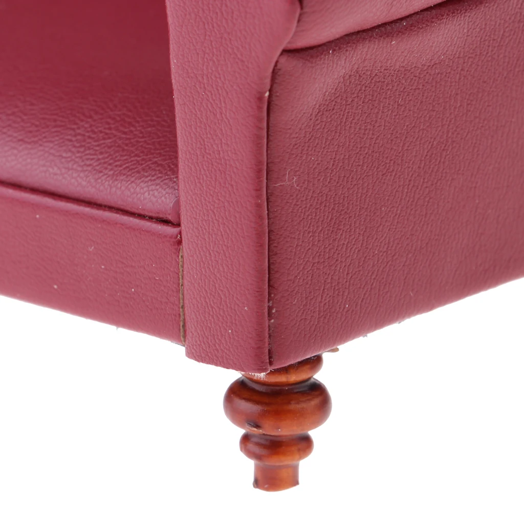 European Style 12th Leather Long Sofa Couch Dollhouse Living Room Furniture Home Model Display Ornaments Red