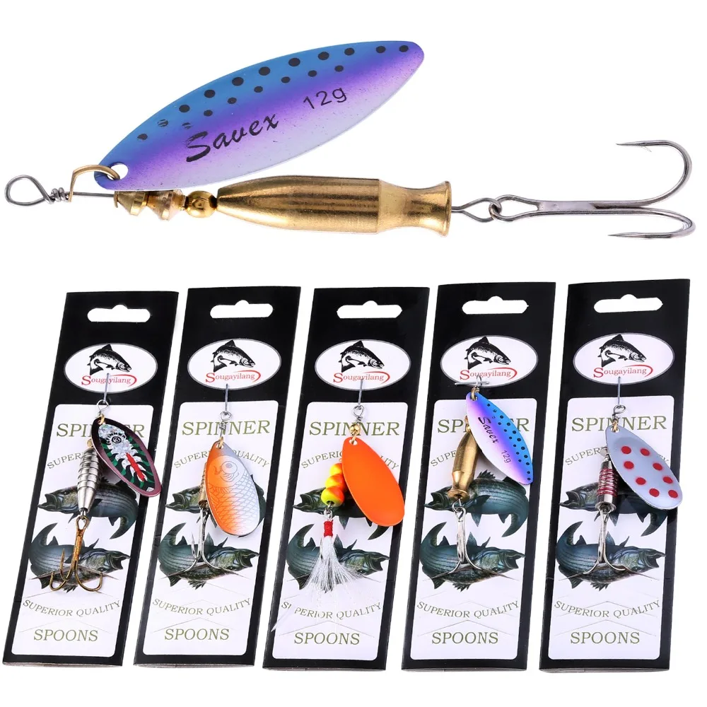 Sougayilang 5Pcs Metal Spinner Baits Fishing Lure with Rooster Tail Hook Carp Fishing Tackle Life-like Fishing Hook