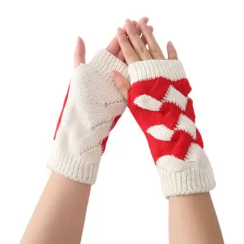 

Women Men Contrast Color Short Fingerless Gloves Twist Rhombus Crochet Chunky Knit Arm Warmer Winter Mittens With Thumb Hole