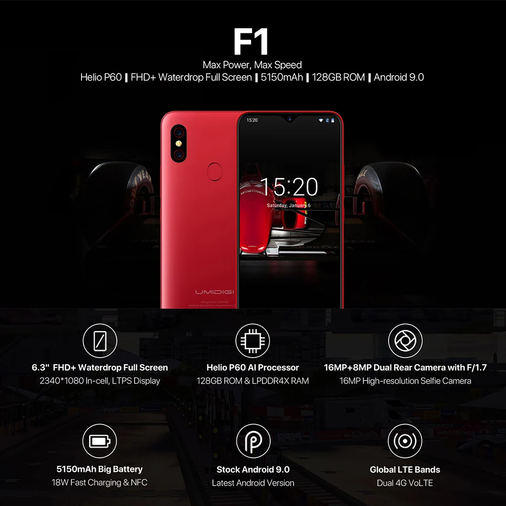 UMIDIGI F1 Android 9,0 128 Гб rom 4 Гб ram 6," FHD Helio P60 5150 мАч большая батарея 18 Вт Быстрая зарядка 16 Мп+ 8 Мп восьмиядерный смартфон