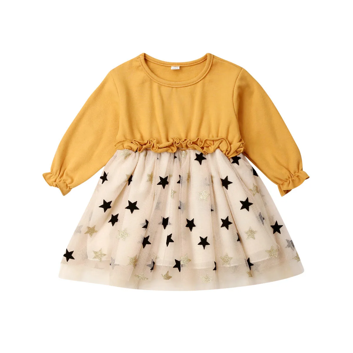 Новое платье со звездами для маленьких девочек осеннее детское платье-пачка с длинными рукавами весенняя одежда для детей от 1 до 4 лет - Цвет: Цвет: желтый