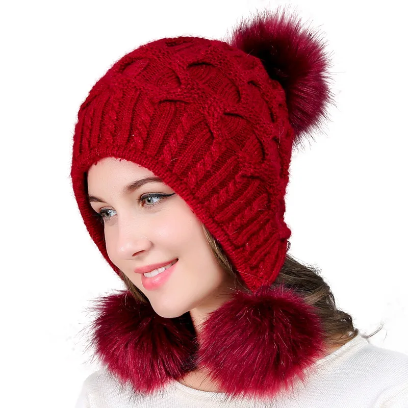 

Women And Girel Winter Warm Rabbit Hair Beanie Hat Ski Cap Ear Flaps Peruvian Dual Layered Pompoms