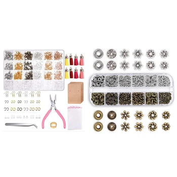 

300 Pieces 6 Retro Silver Color Bronze Spacer Beads, Metal Washers & 1set Earring Hooks for Jewelry Making with Fishhook