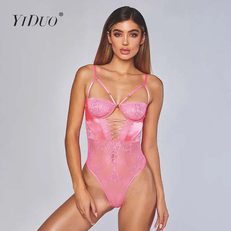 YiDuo, розовый, черный, белый, красный, на бретельках, на шнуровке, боди, сексуальный, с открытой спиной, комбинезон, женский, боди, сетка, прозрачное, кружевное, с вырезом, пуш-ап, боди