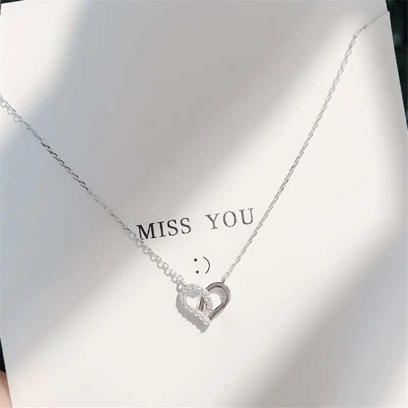 Korean Simple Silver Plated Hollow Cubic Zirconia Heart Short Clavicle Necklaces for Girl Women Necklace