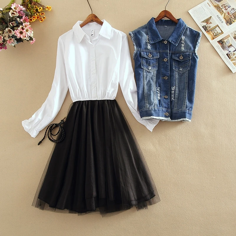 

Spring Autumn New Denim Jacket Two Piece Sets Women Sleeveless Denim Jacket Vest Coat + Mesh Sheer Long Blouse Shirt Dress Sets